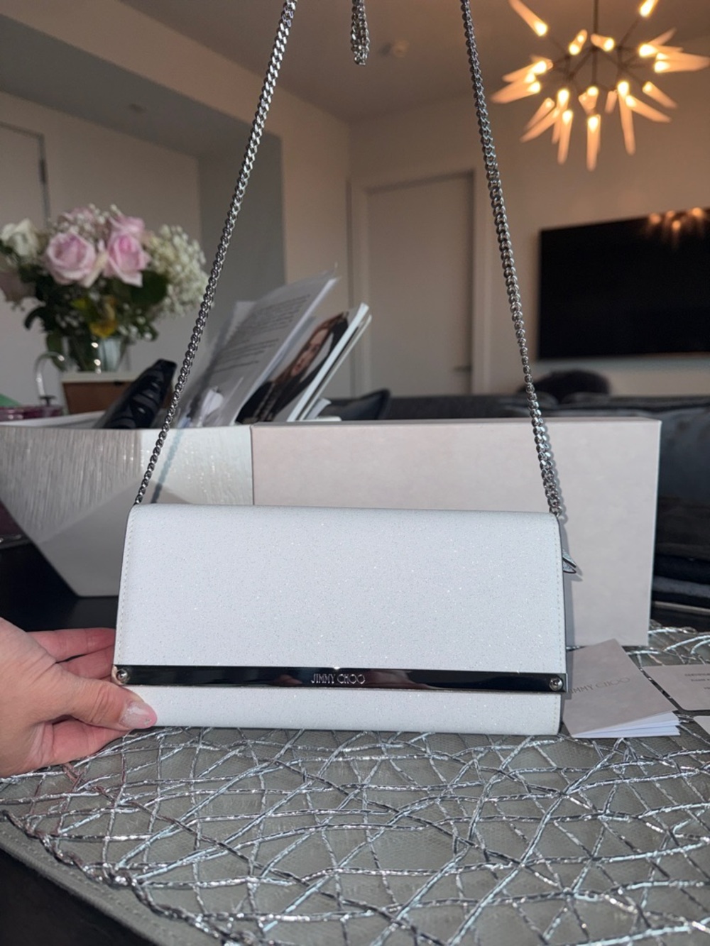Jimmy Choo White Crossbody Clutch with Blue Accent